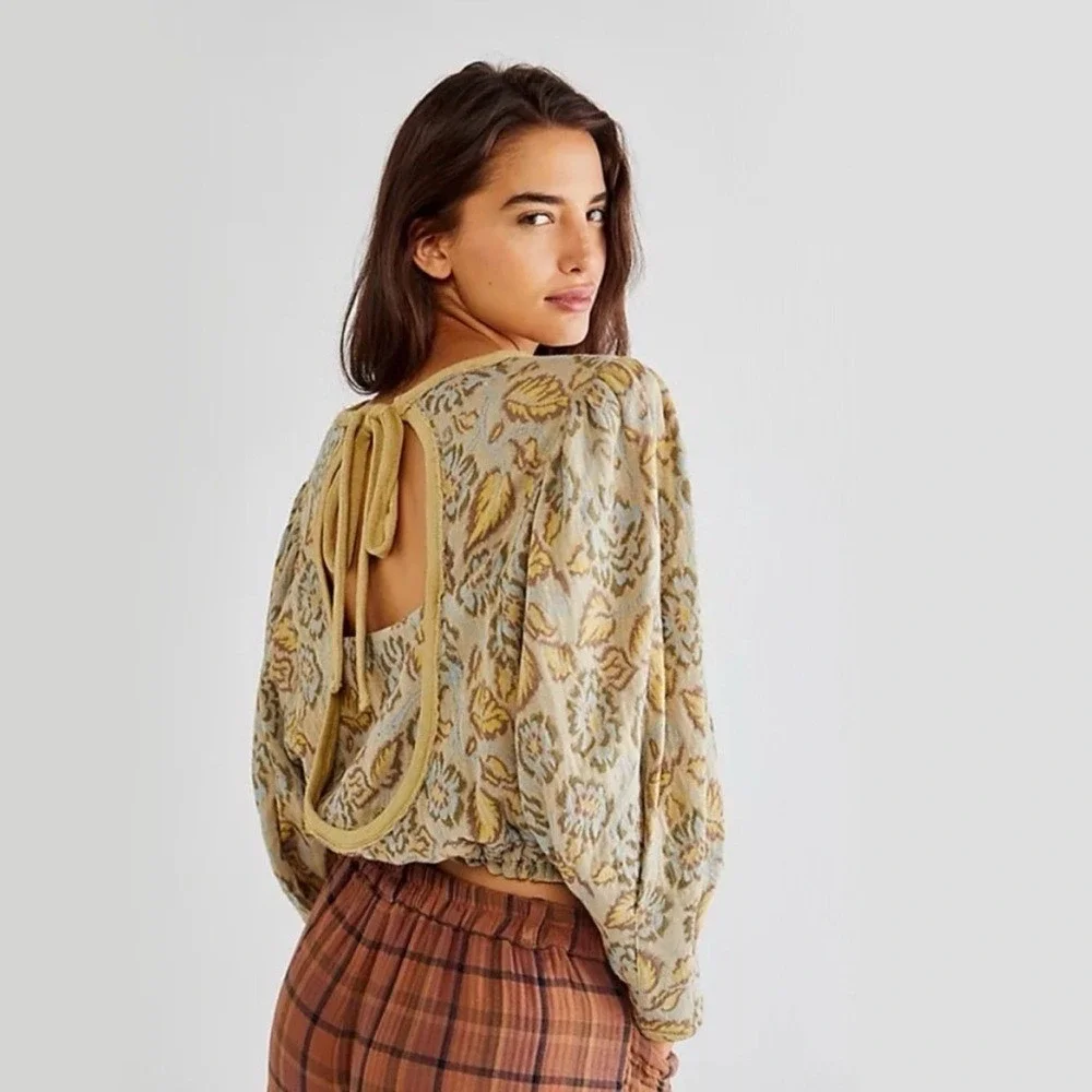 Free People Womens Floral Top L Cotton Yellow Open Back Tie Boho Cottagecore